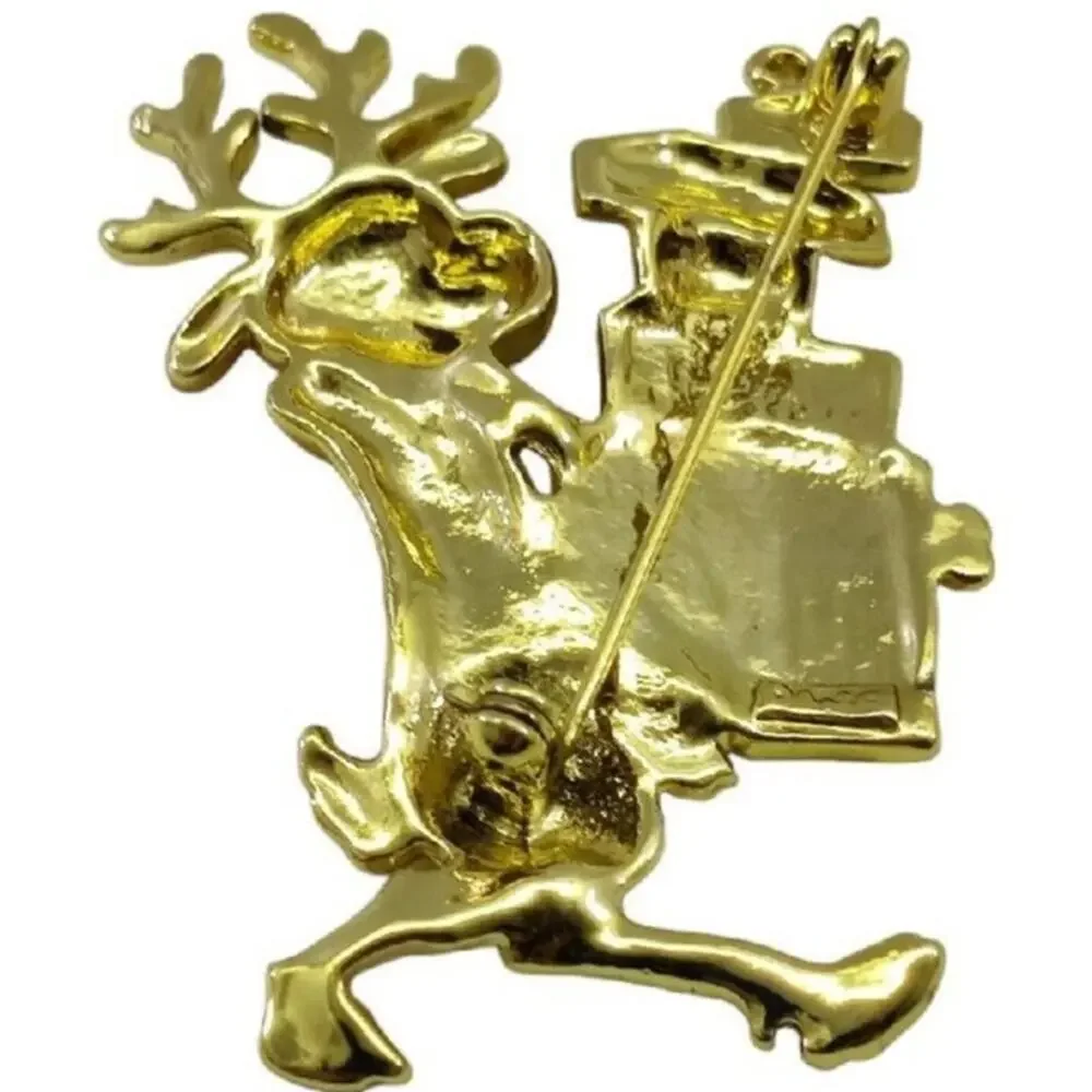 Vintage AJC Christmas Reindeer Carrying Gifts Matte Gold Tone Brooch Pin